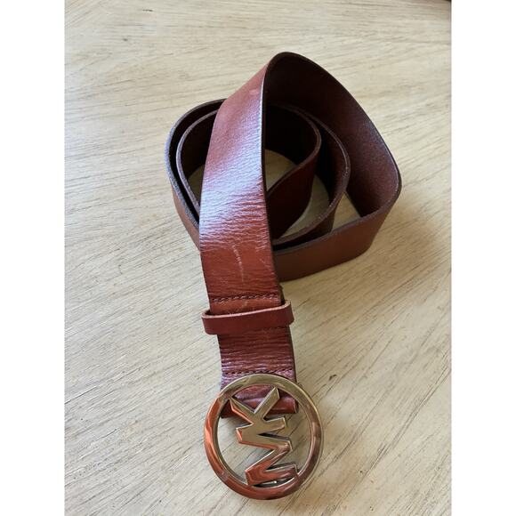 Michael Kors Brown Red Rust Leather Belt MK GOLD Logo Buckle Bling Women’s L/XL - Picture 5 of 10